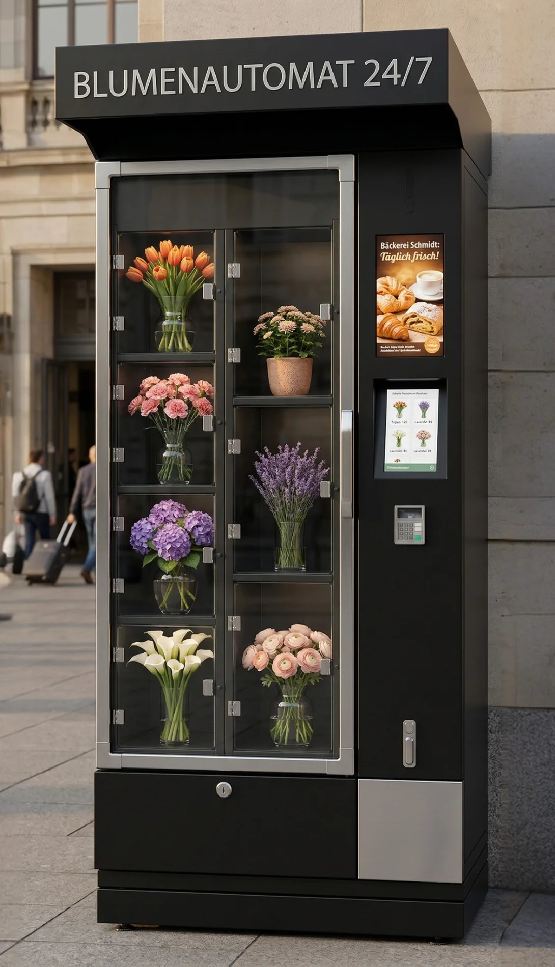 FLORA M1 Blumenautomat an einer Bushaltestelle