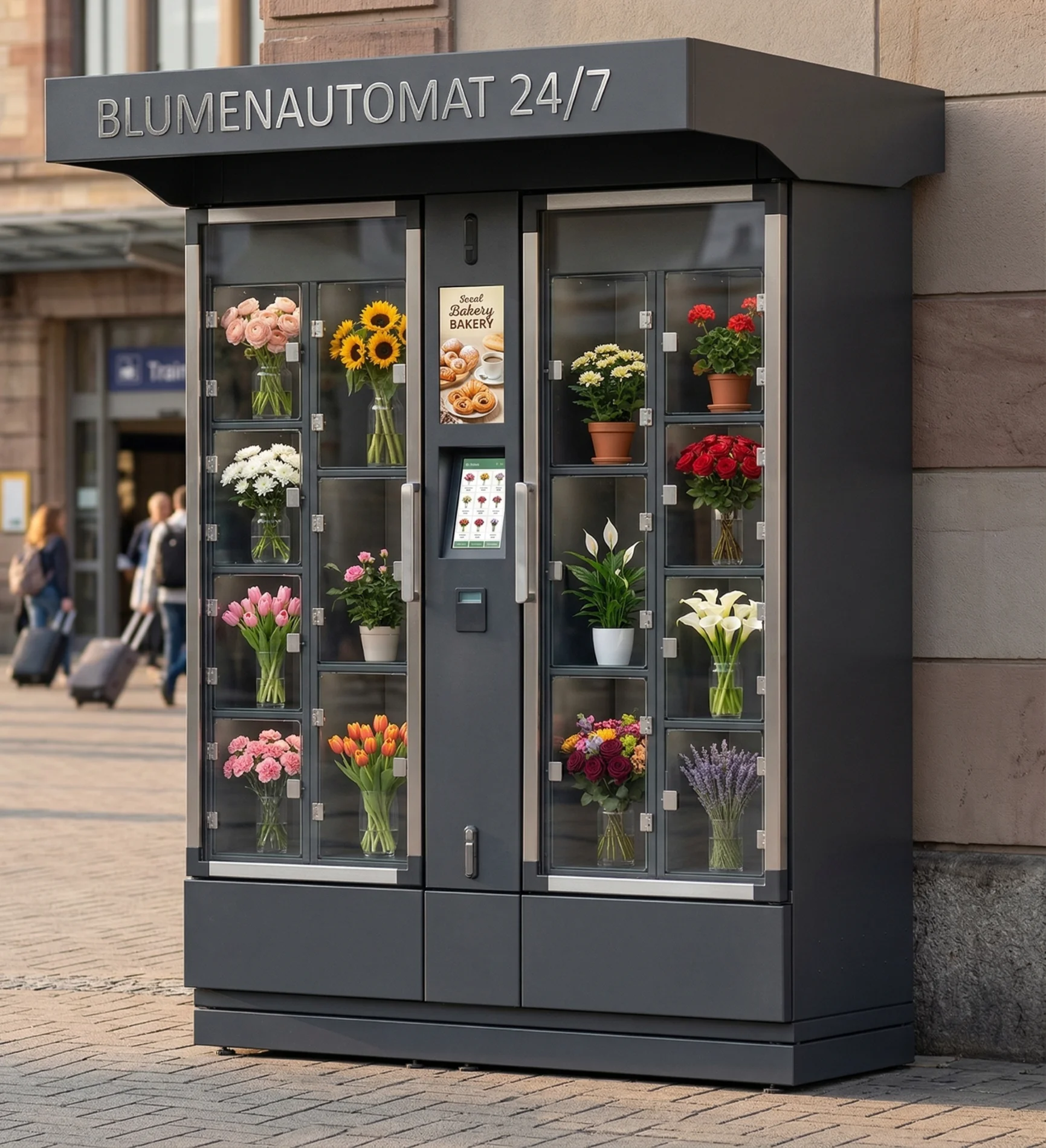 FLORA M2 Blumenautomat an einer Bushaltestelle